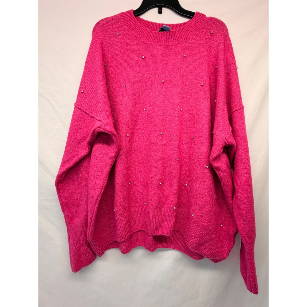 CeCe Womens Hot Pink Rhinestone Embellished Oversized Crewneck Sweater Large